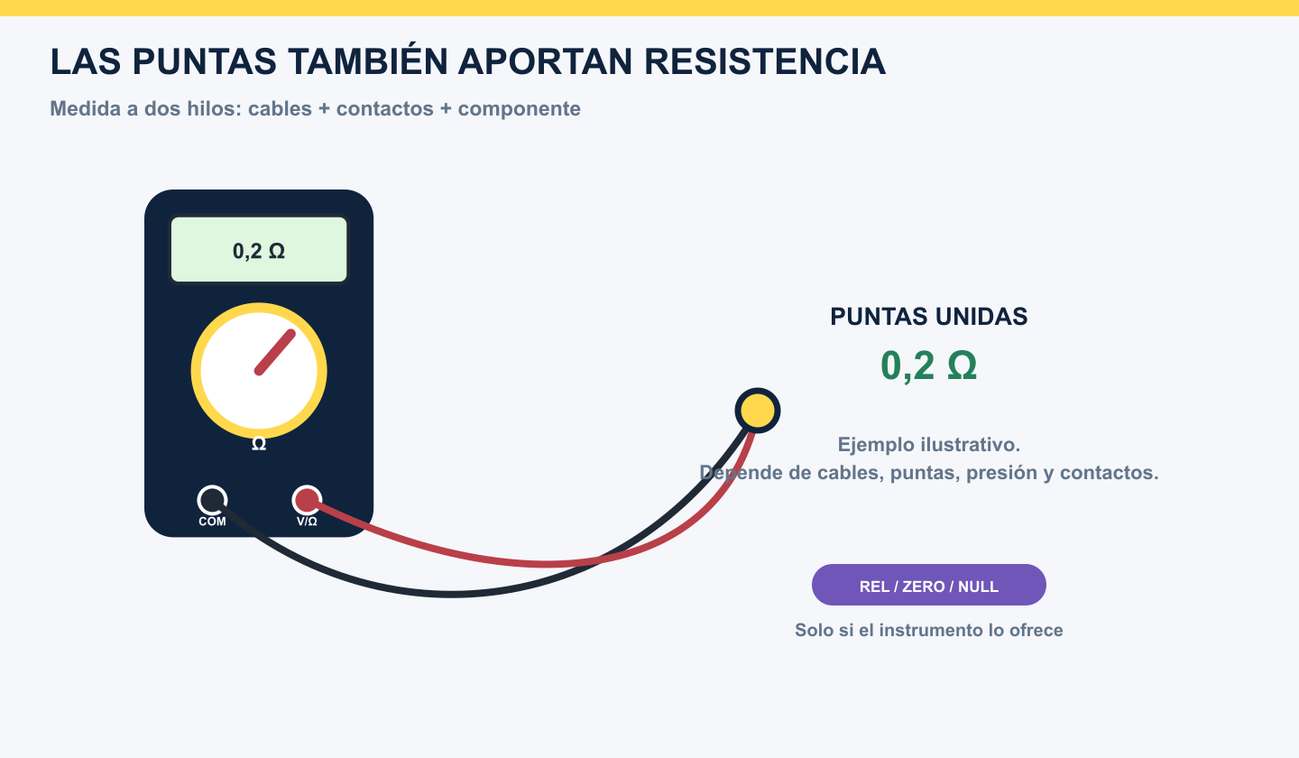 Puntas de multímetro unidas en modo ohmios mostrando 0,2 ohmios como ejemplo dependiente del instrumento y los contactos