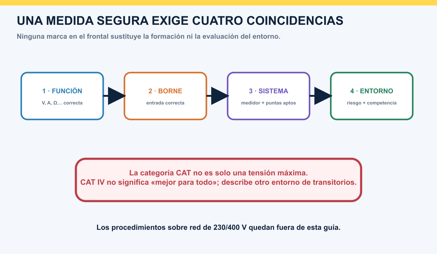 Cuatro condiciones de seguridad al medir: función, borne, sistema de medida y entorno adecuados