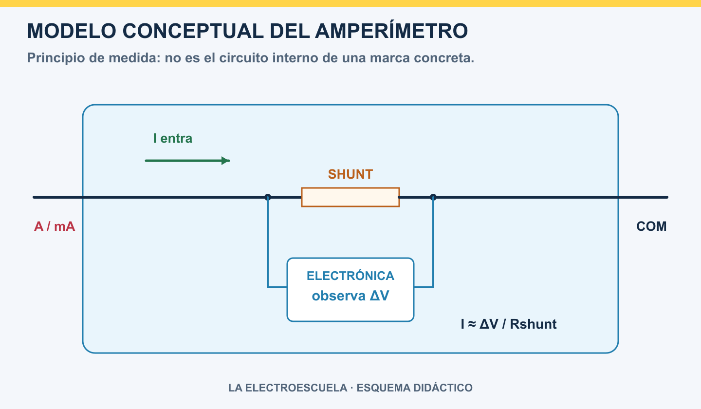 Modelo conceptual del amperímetro: corriente a través del shunt y electrónica que observa su caída de tensión