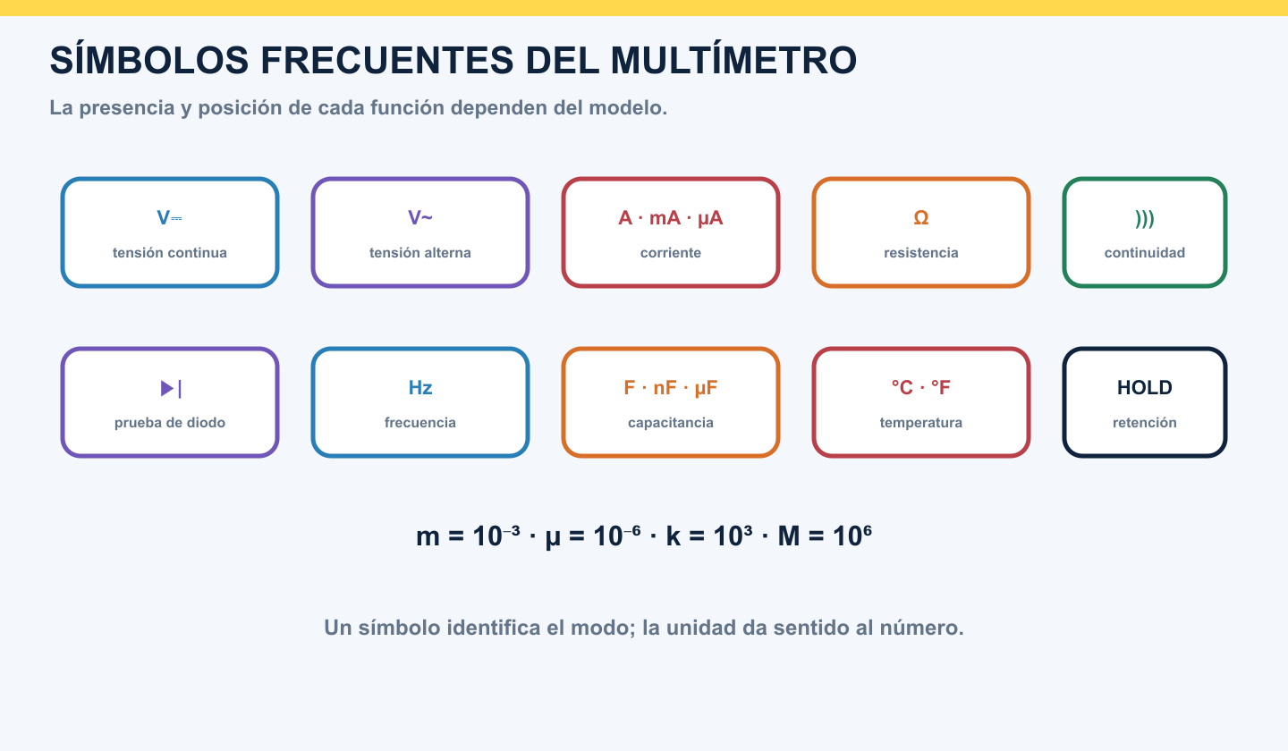 Símbolos frecuentes de tensión continua y alterna, corriente, resistencia, continuidad, diodo, frecuencia, capacitancia y temperatura