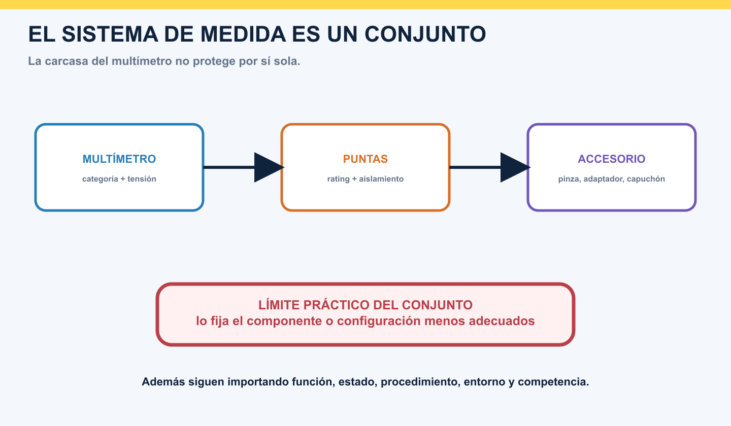Sistema de medida compuesto por multímetro, puntas y accesorios, limitado por el elemento menos adecuado