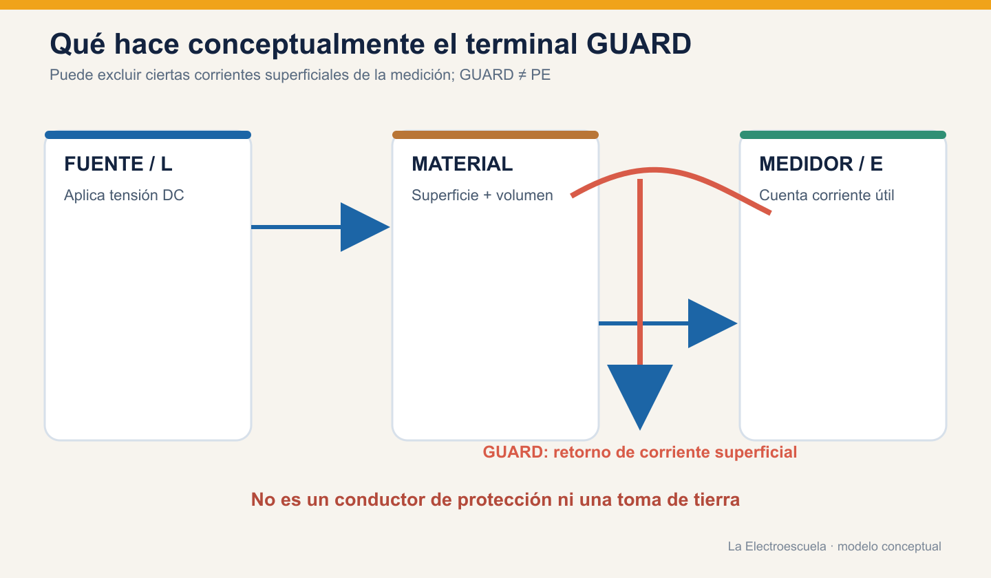 Esquema conceptual donde el terminal GUARD desvía corriente superficial sin confundirse con tierra de protección.