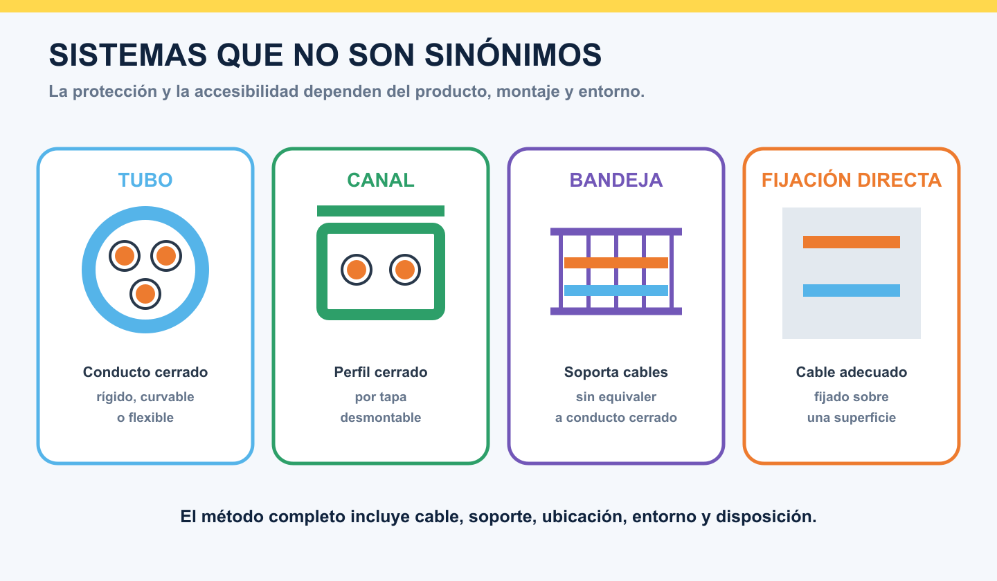 Comparación conceptual entre tubo, canal protectora, bandeja y cable fijado directamente