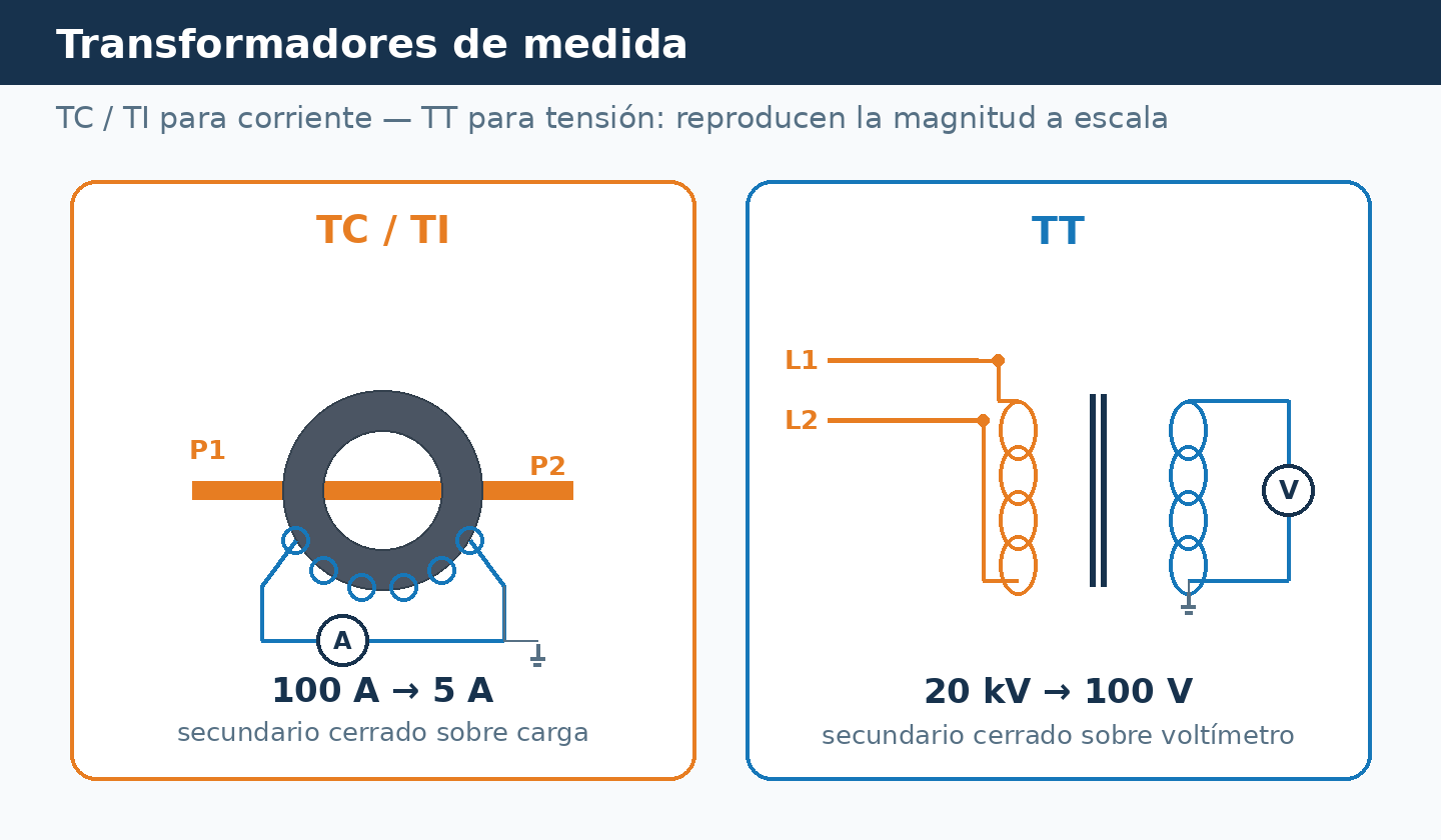 Transformador de corriente con barra pasante y secundario cerrado sobre un amperímetro, y transformador de tensión entre fases con voltímetro